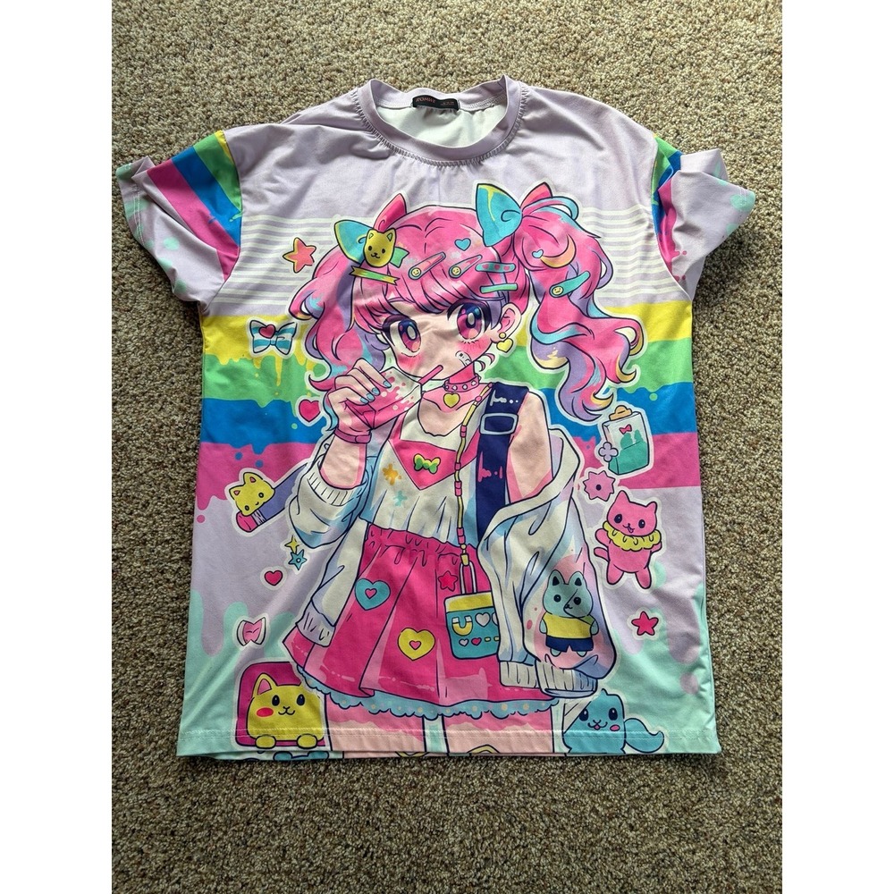 Anime Ladies' Colorful Cute Cartoon Characters Printed Oversized T-Shirt small